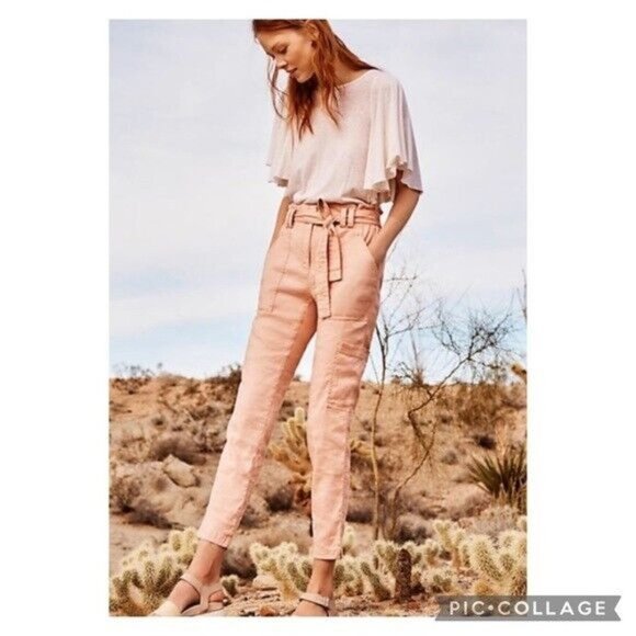 Anthropologie Elevenses Blush Romy Paper Bag Linen Pants Size XS - Picture 2 of 8